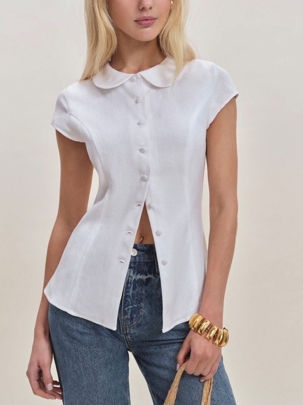 Reformation White Button-Down Short Sleeve Blouse with Peter Pan Collar